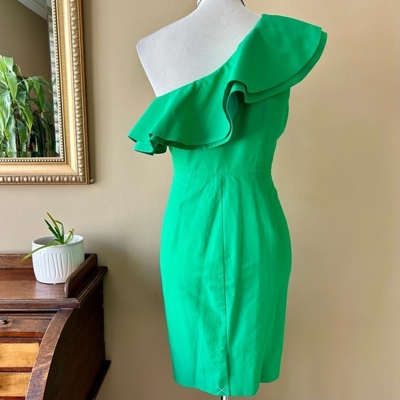 J Crew Faille One-Shoulder Ruffle Dress Size 8P Cocktail Sheath Kelly Green - Picture 8 of 14